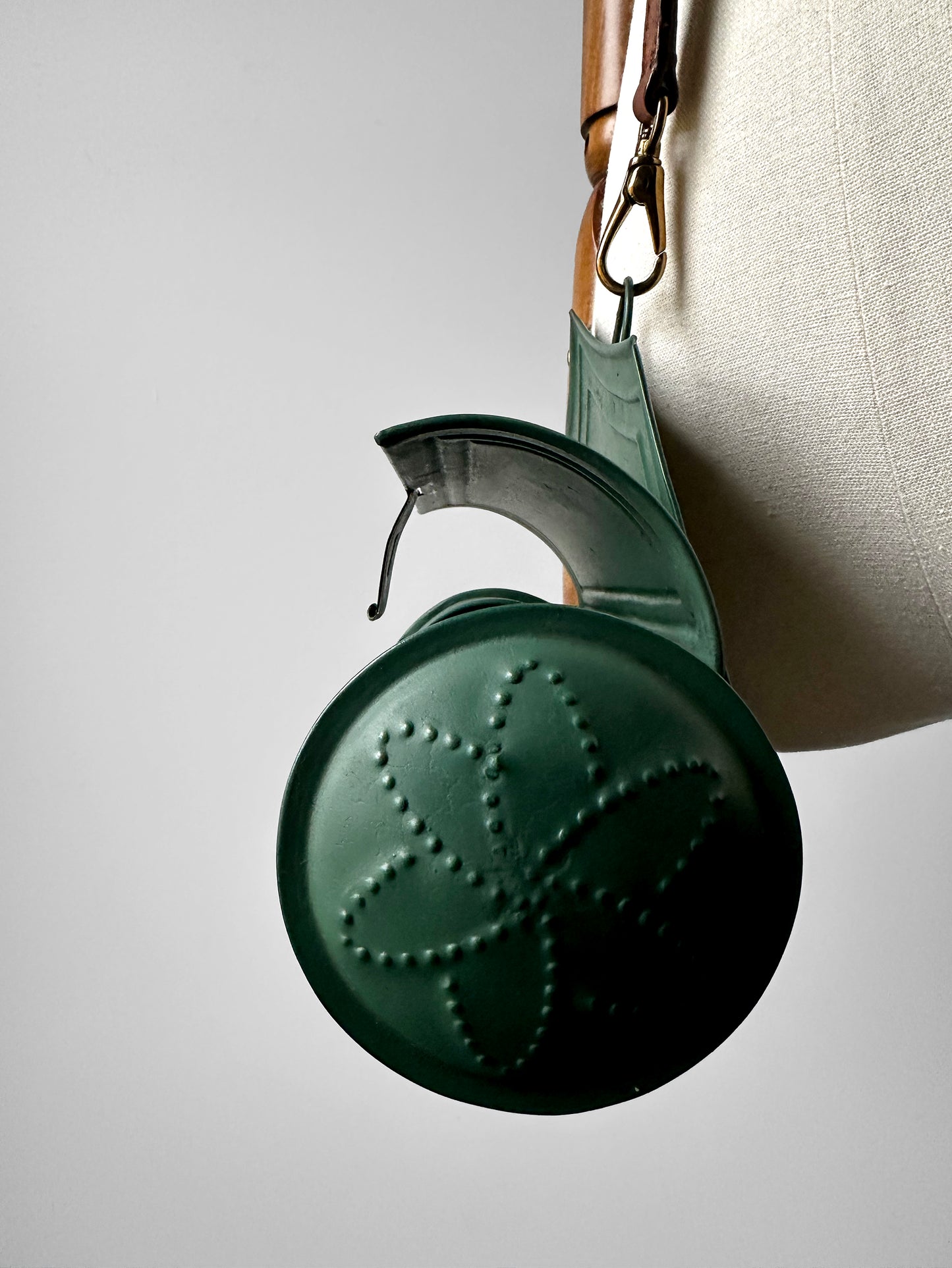 Antique 1800s - 1900s Green Painted Tin Candle Box with Hinged Lid and Leather Crossbody Strap