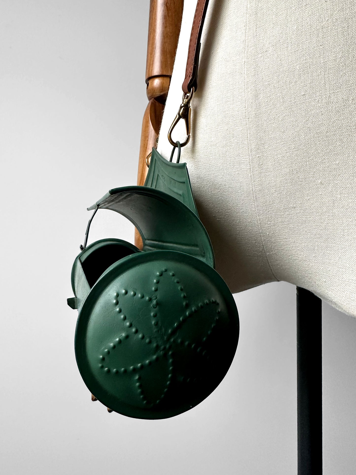 Antique 1800s - 1900s Green Painted Tin Candle Box with Hinged Lid and Leather Crossbody Strap