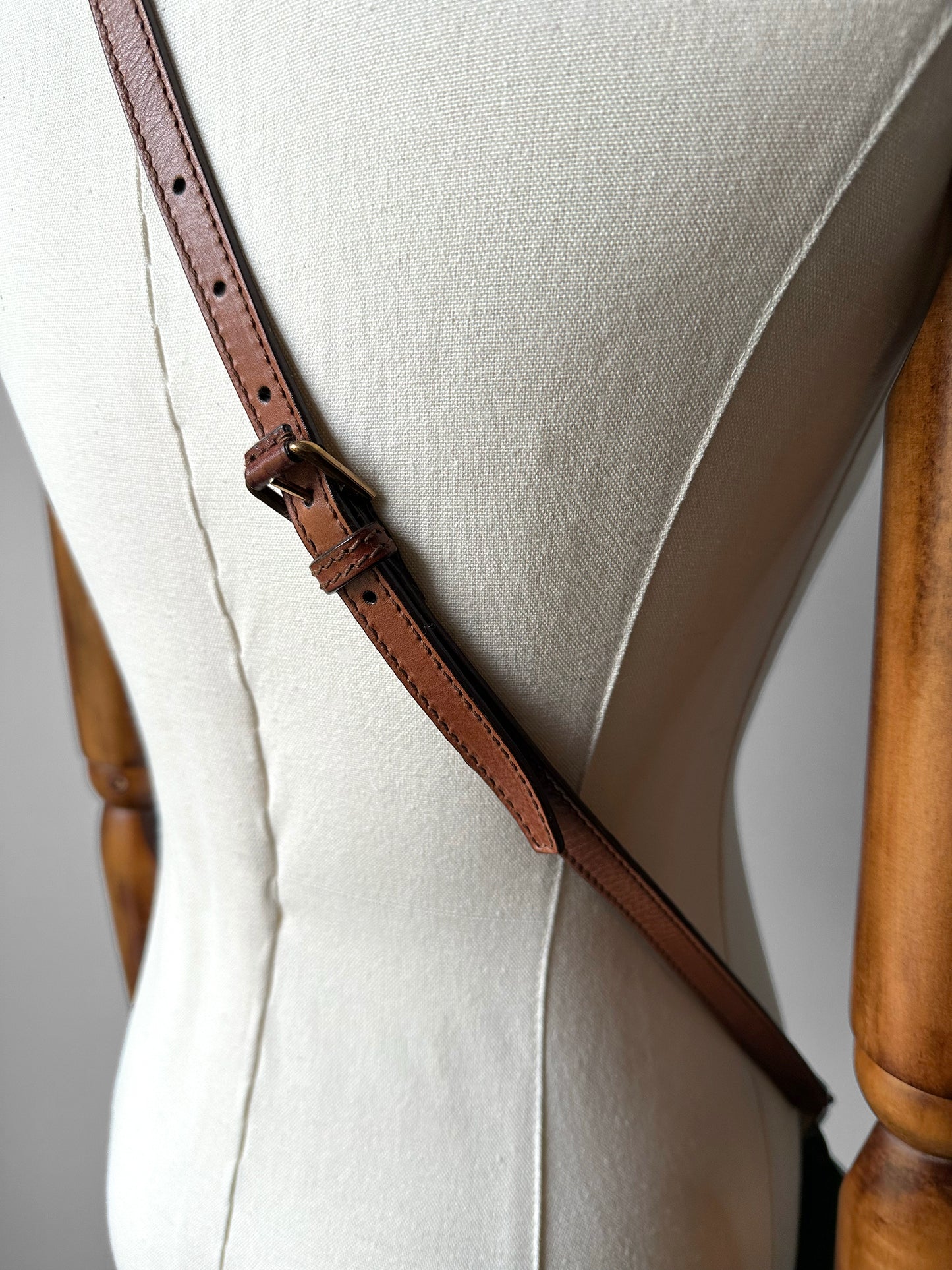 Antique 1800s - 1900s Green Painted Tin Candle Box with Hinged Lid and Leather Crossbody Strap