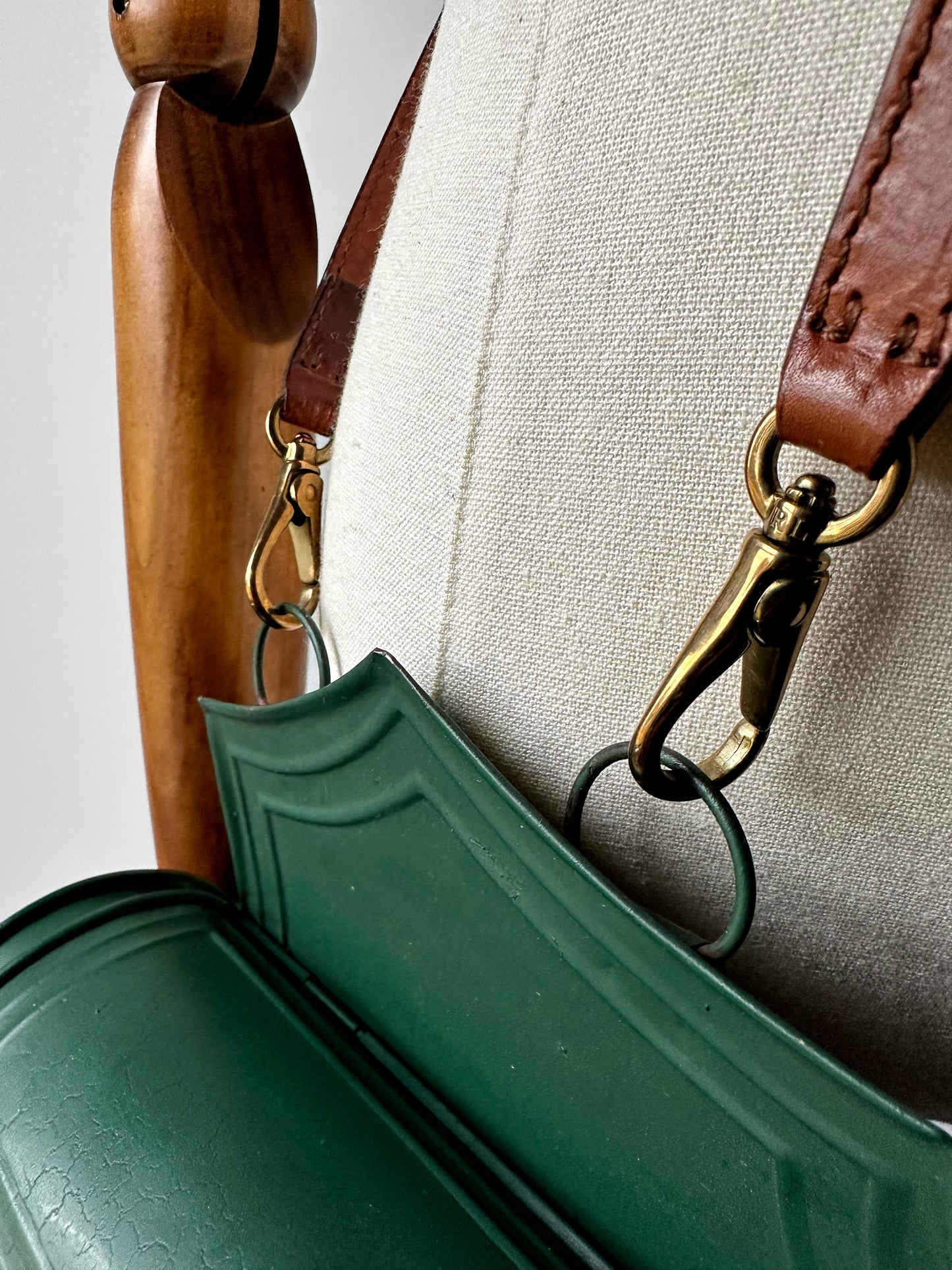 Antique 1800s - 1900s Green Painted Tin Candle Box with Hinged Lid and Leather Crossbody Strap