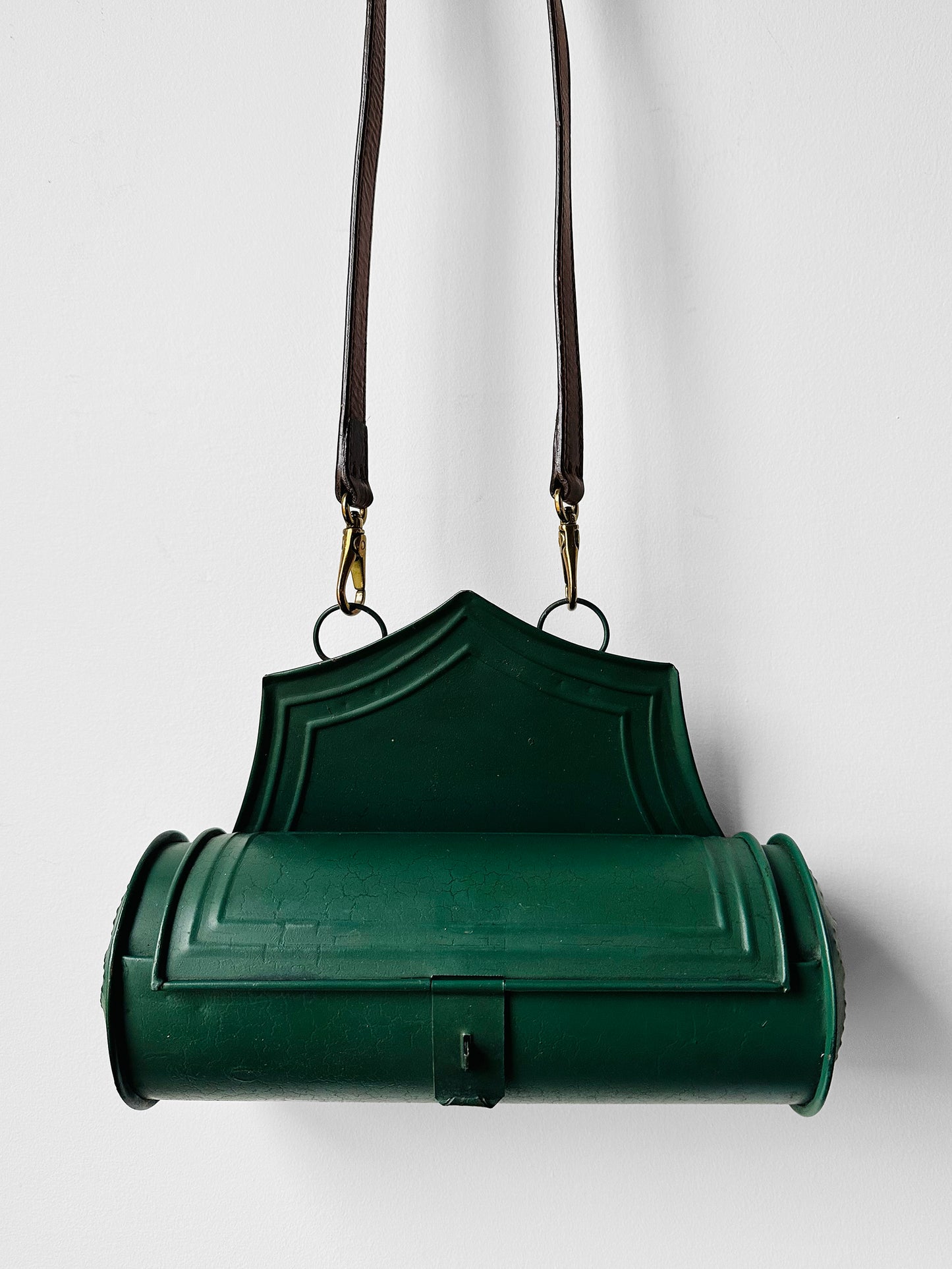 Antique 1800s - 1900s Green Painted Tin Candle Box with Hinged Lid and Leather Crossbody Strap