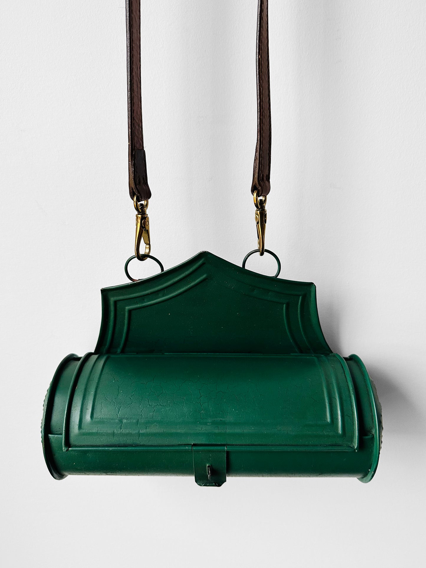 Antique 1800s - 1900s Green Painted Tin Candle Box with Hinged Lid and Leather Crossbody Strap