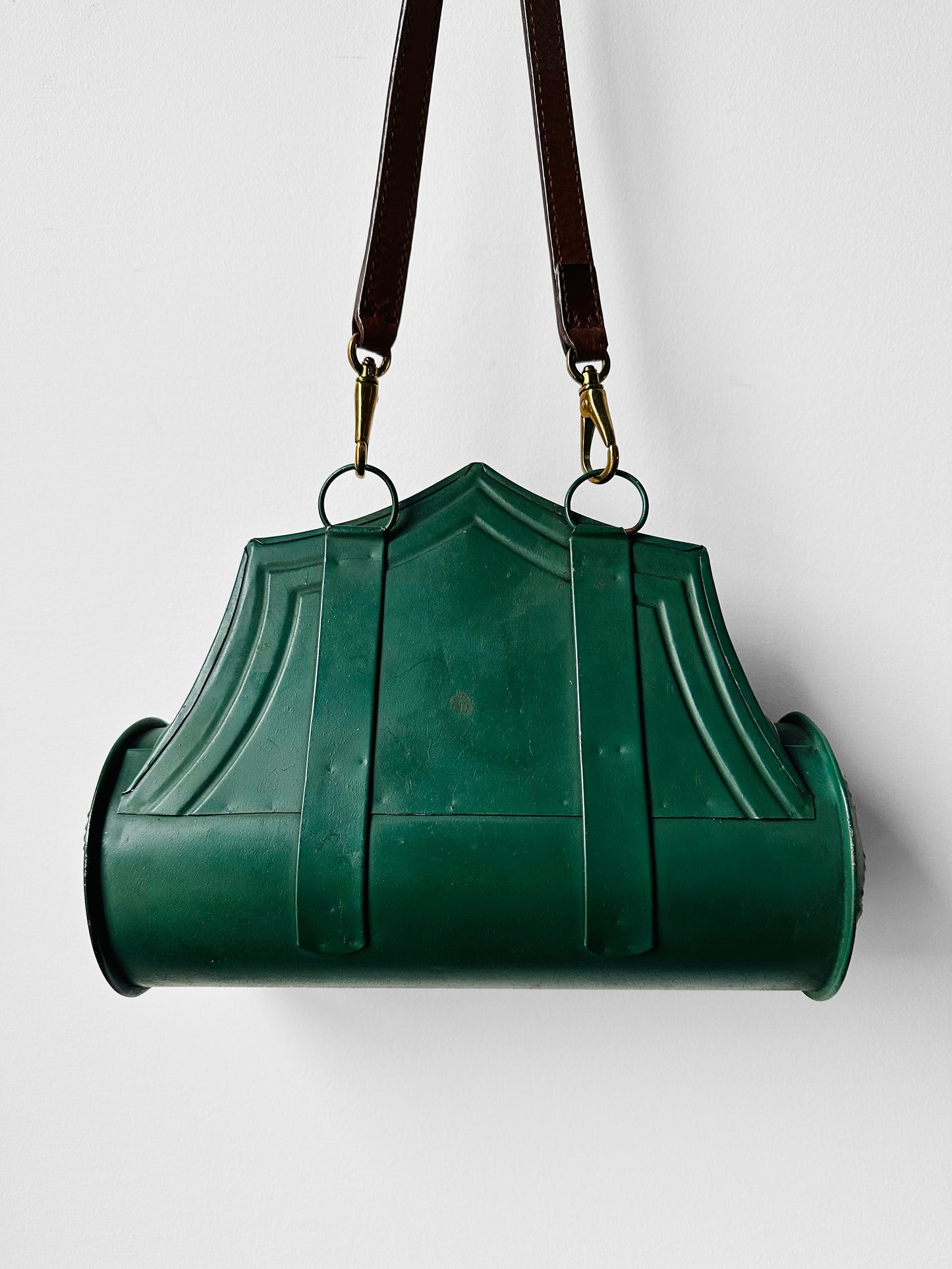 Antique 1800s - 1900s Green Painted Tin Candle Box with Hinged Lid and Leather Crossbody Strap