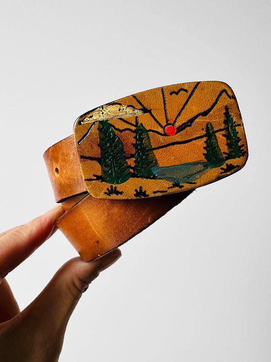 1970s Hand-Painted Landscape Leather Belt - S/M