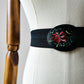 1960s Hand-Painted Floral Wide Elastic Belt with Oval Buckle - Sz. M/L