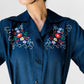 1960s Navy Blue Guazey Cotton Floral Embroidered Shirt - Sz. S/M