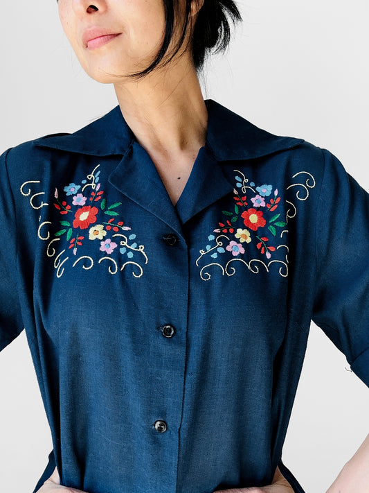 1960s Navy Blue Guazey Cotton Floral Embroidered Shirt - Sz. S/M