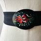 1960s Hand-Painted Floral Wide Elastic Belt with Oval Buckle - Sz. M/L