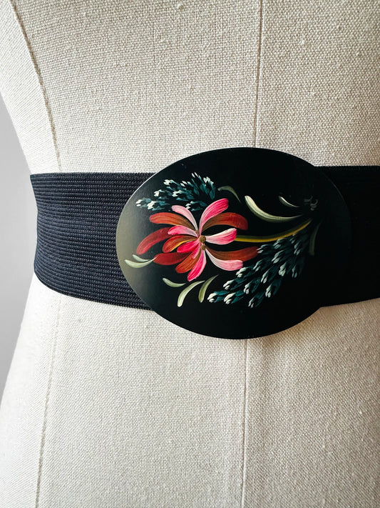 1960s Hand-Painted Floral Wide Elastic Belt with Oval Buckle - Sz. M/L