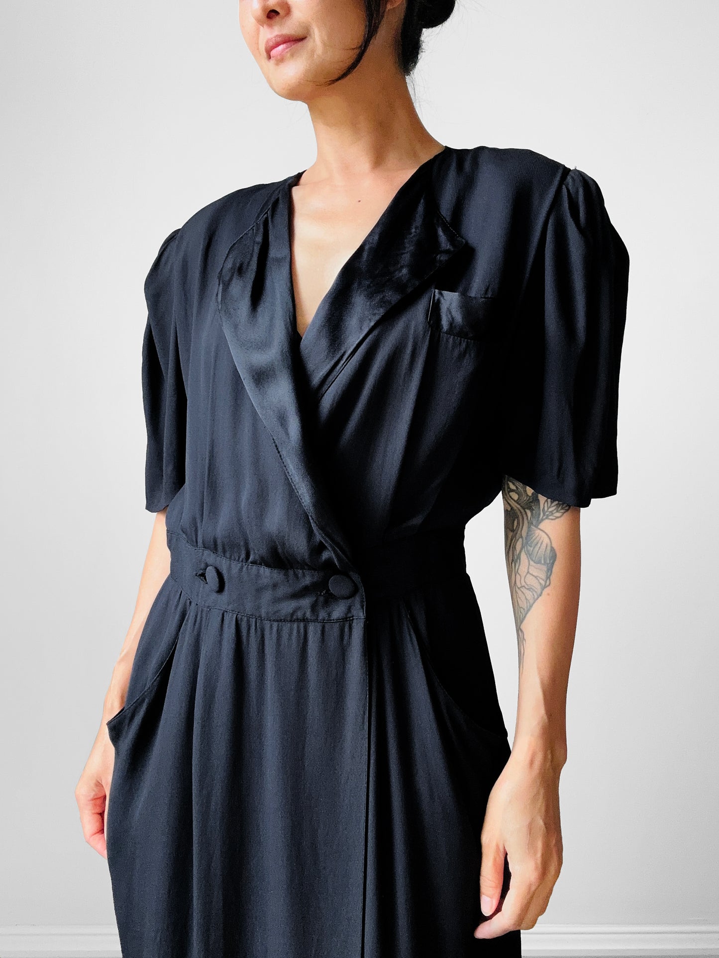 1980's Black Tuxedo Style Wrap Dress - Sz. S/M