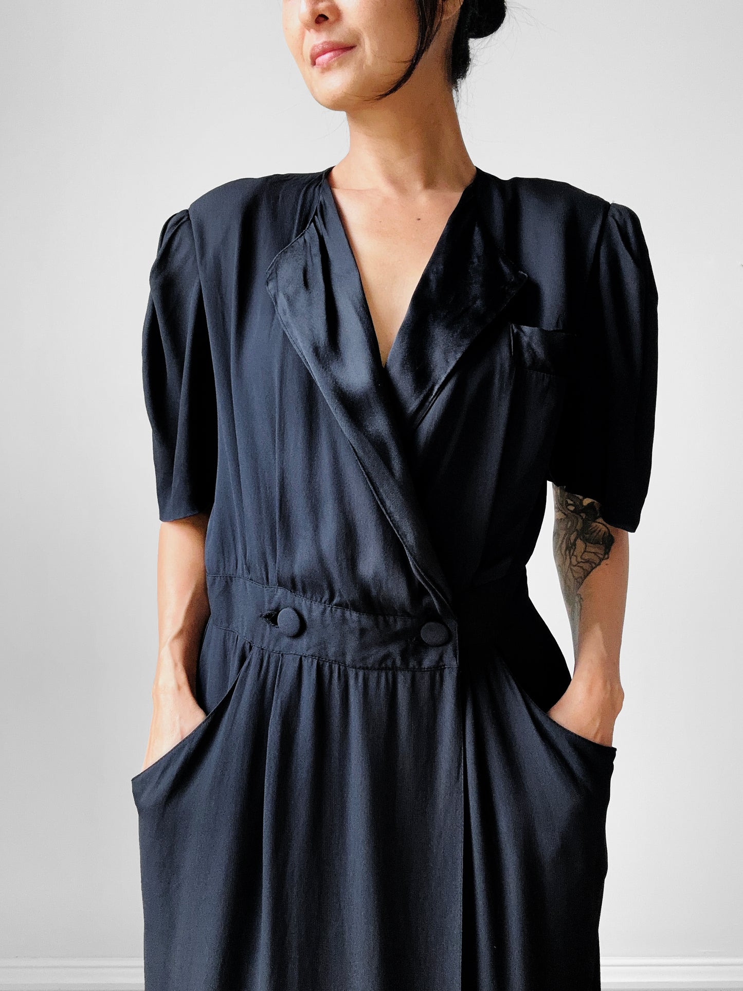 1980's Black Tuxedo Style Wrap Dress - Sz. S/M