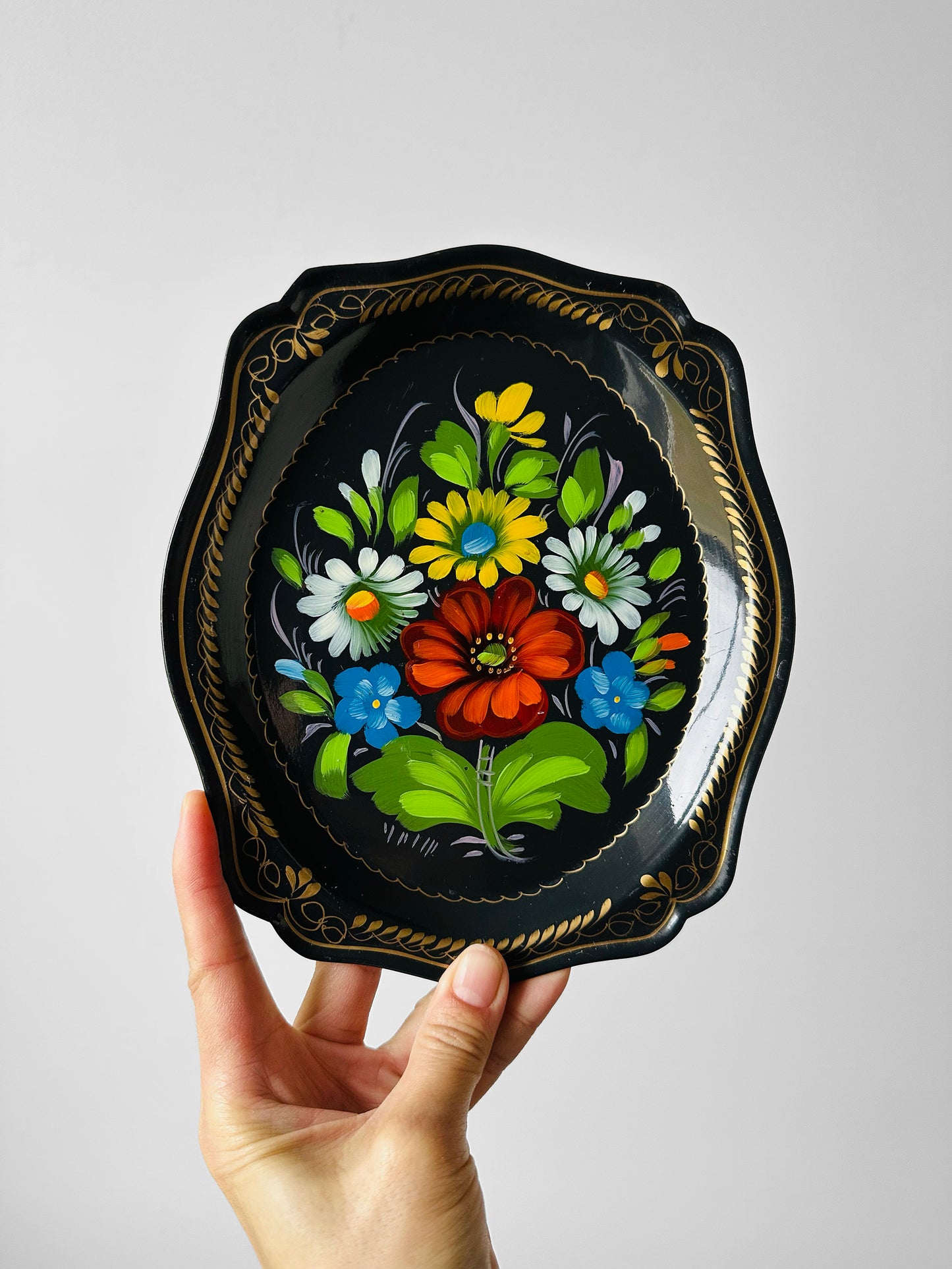 1950s Mid-Century Hand-Painted Floral Toleware Metal Tray