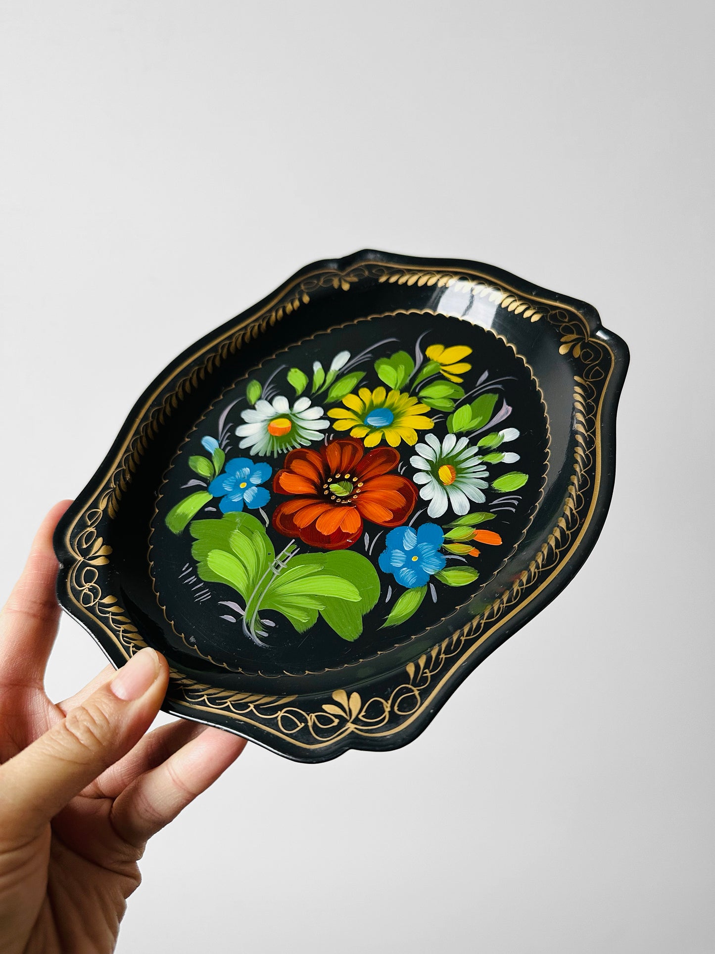 1950s Mid-Century Hand-Painted Floral Toleware Metal Tray