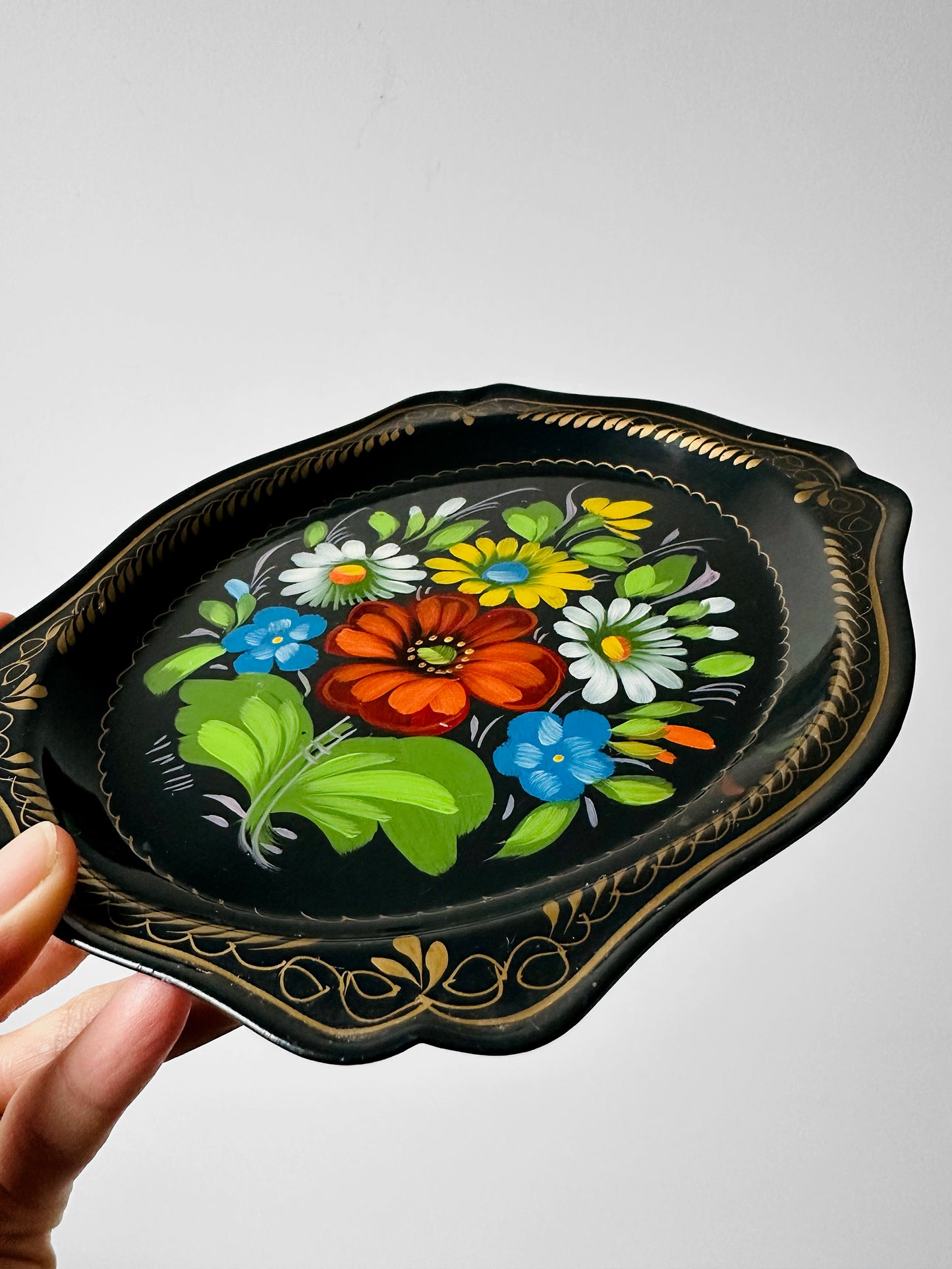 1950s Mid-Century Hand-Painted Floral Toleware Metal Tray