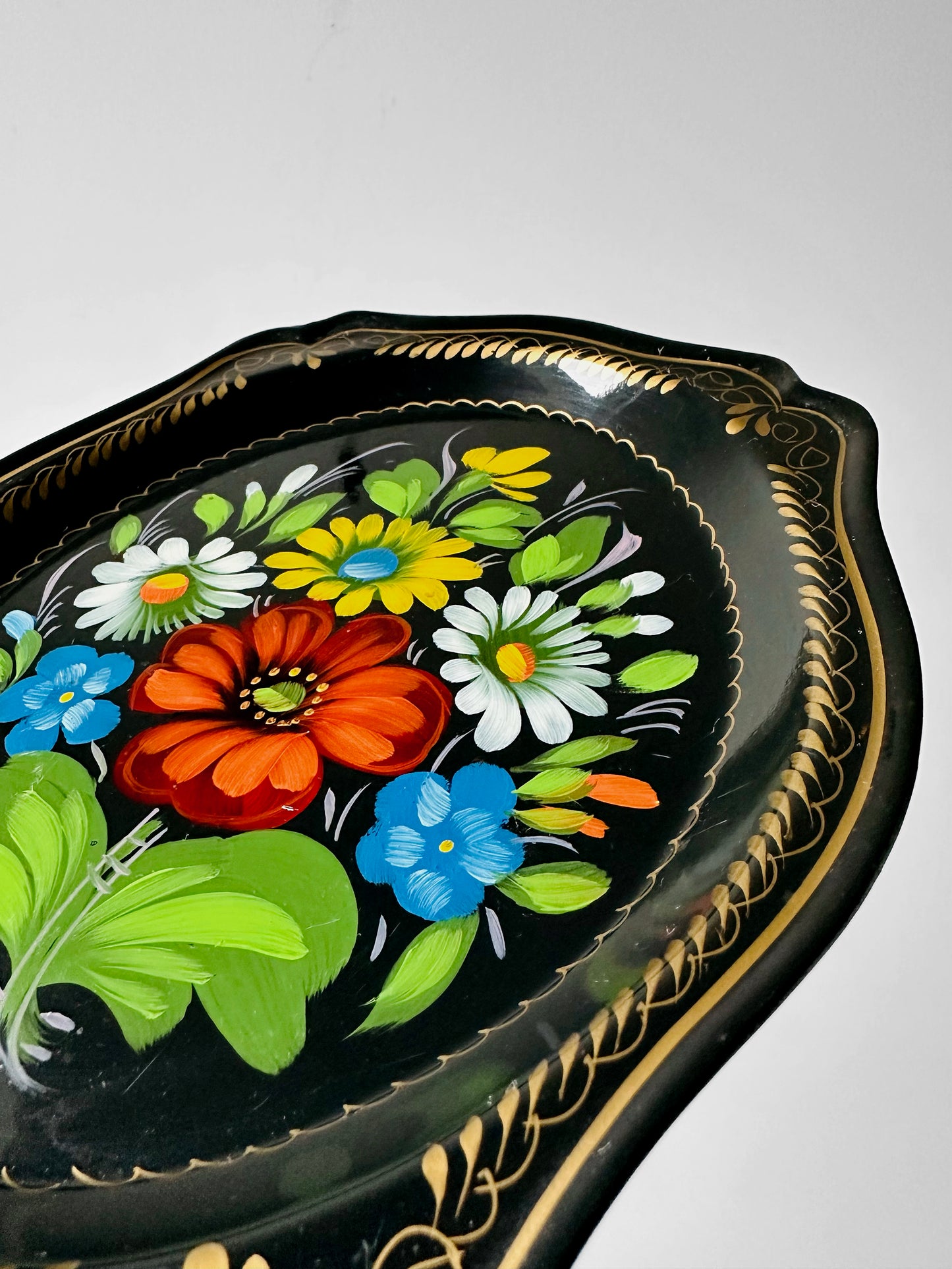 1950s Mid-Century Hand-Painted Floral Toleware Metal Tray