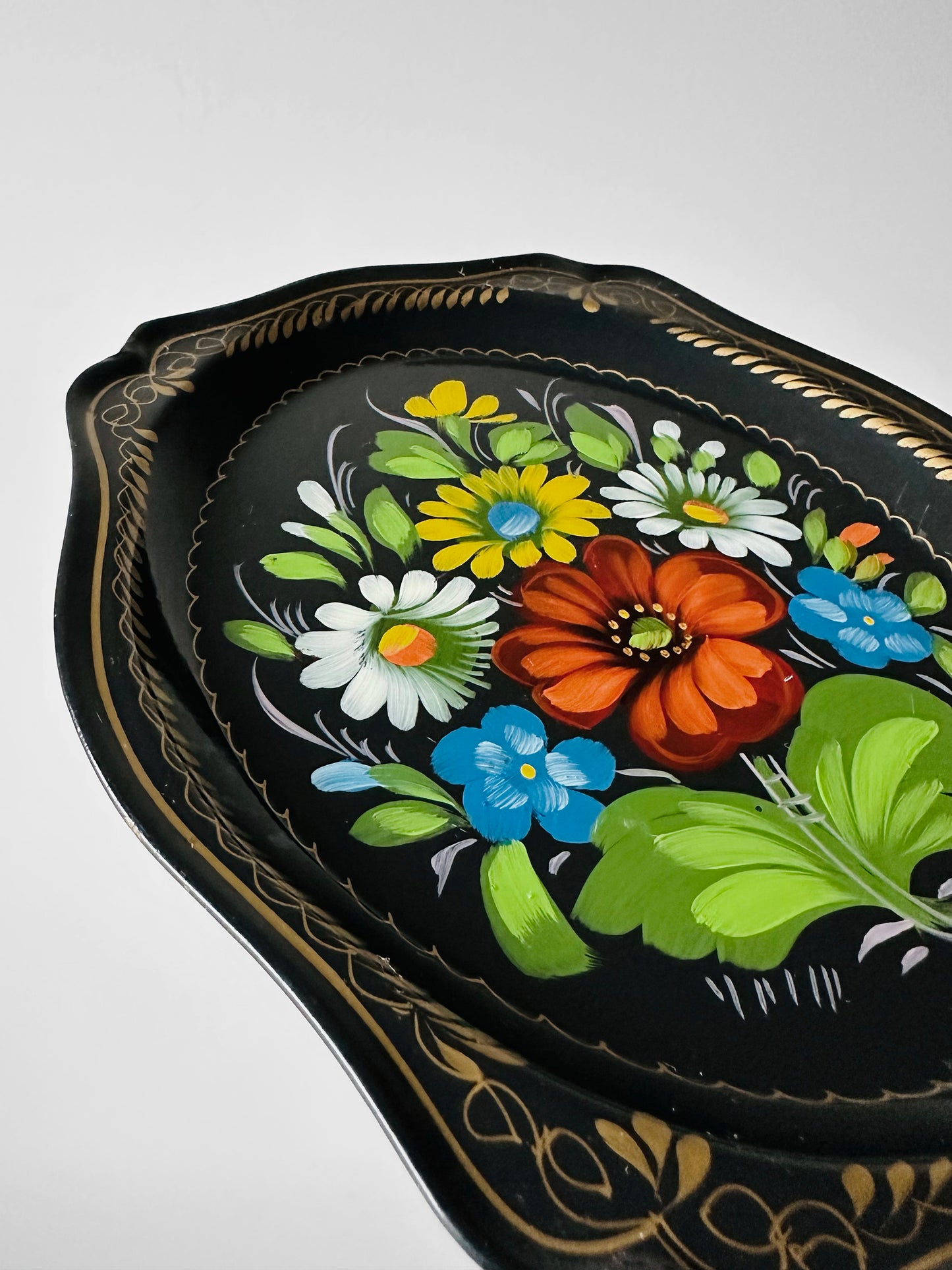 1950s Mid-Century Hand-Painted Floral Toleware Metal Tray