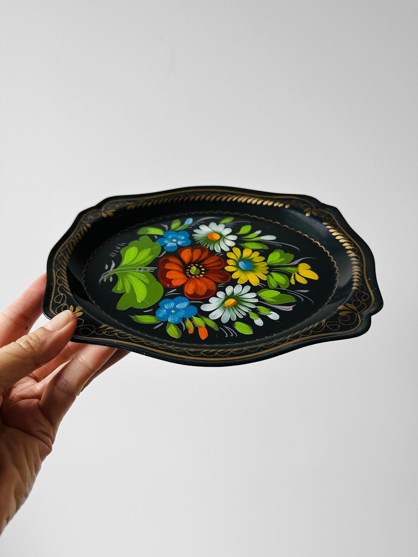 1950s Mid-Century Hand-Painted Floral Toleware Metal Tray