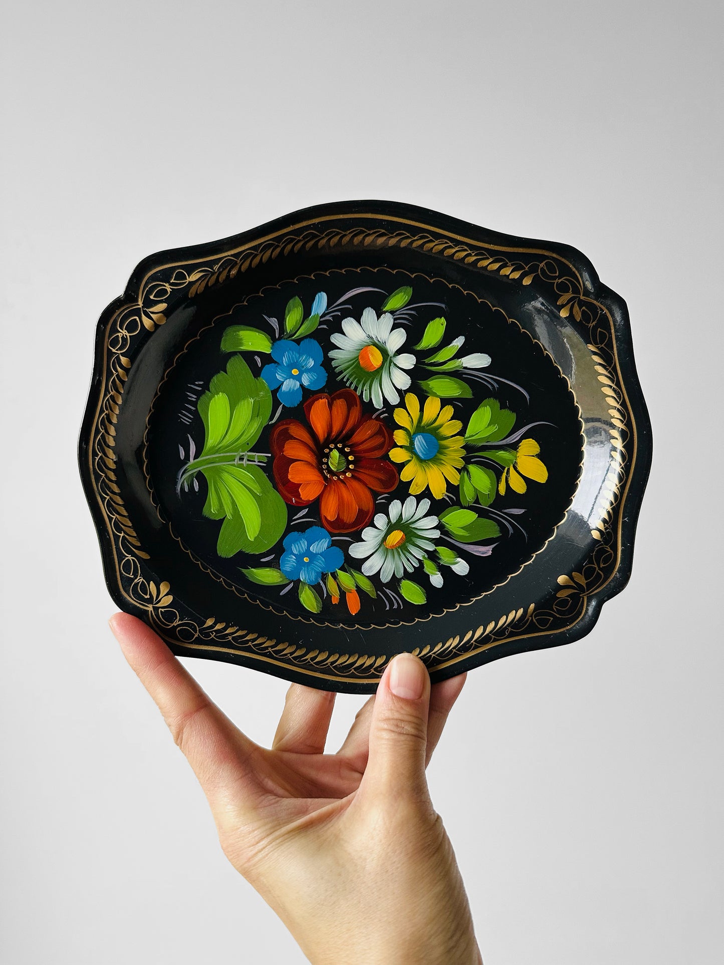 1950s Mid-Century Hand-Painted Floral Toleware Metal Tray
