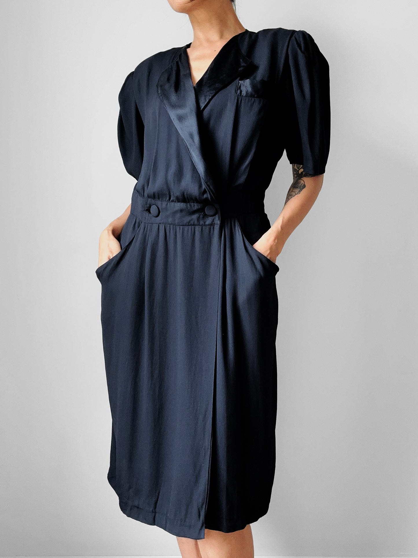 1980's Black Tuxedo Style Wrap Dress - Sz. S/M