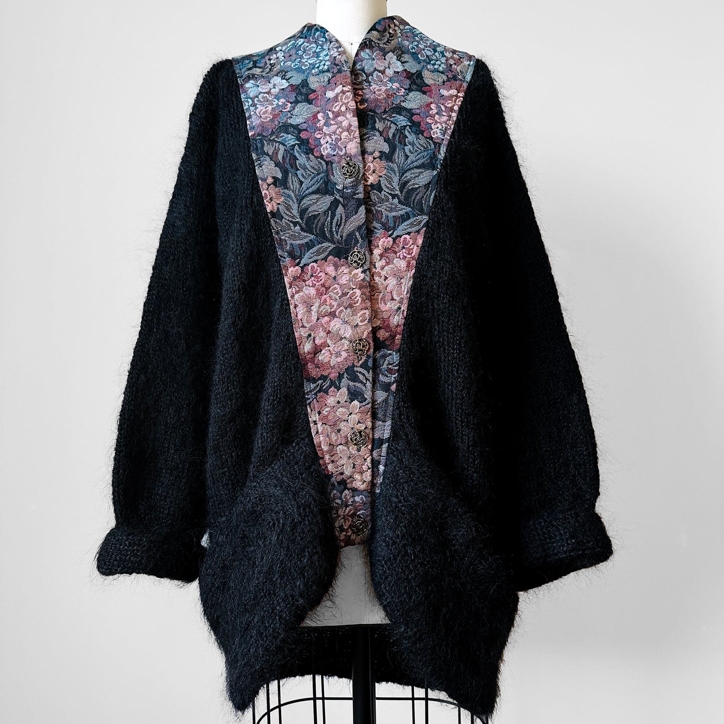 1980s Black Floral Tapestry Relaxed Fit Mohair Knit Cardigan Sweater