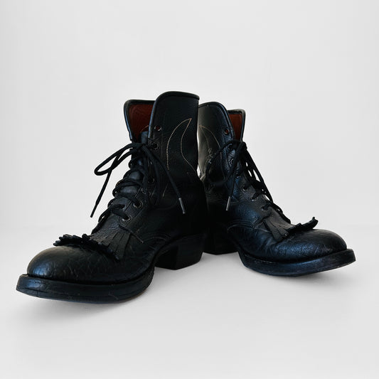 Black Leather BILTRITE Stitch Patterned Combat Lace-up Boots