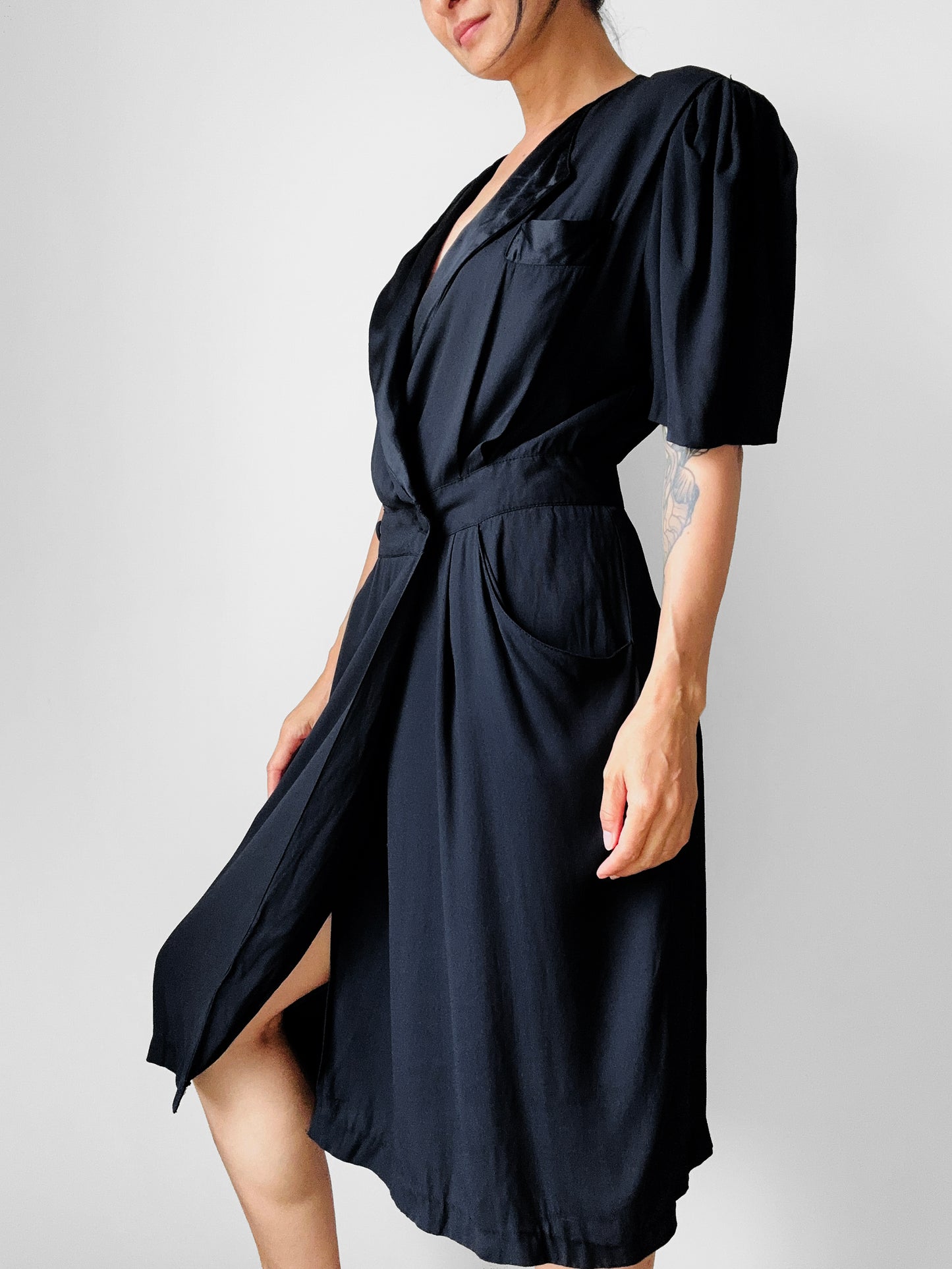 1980's Black Tuxedo Style Wrap Dress - Sz. S/M