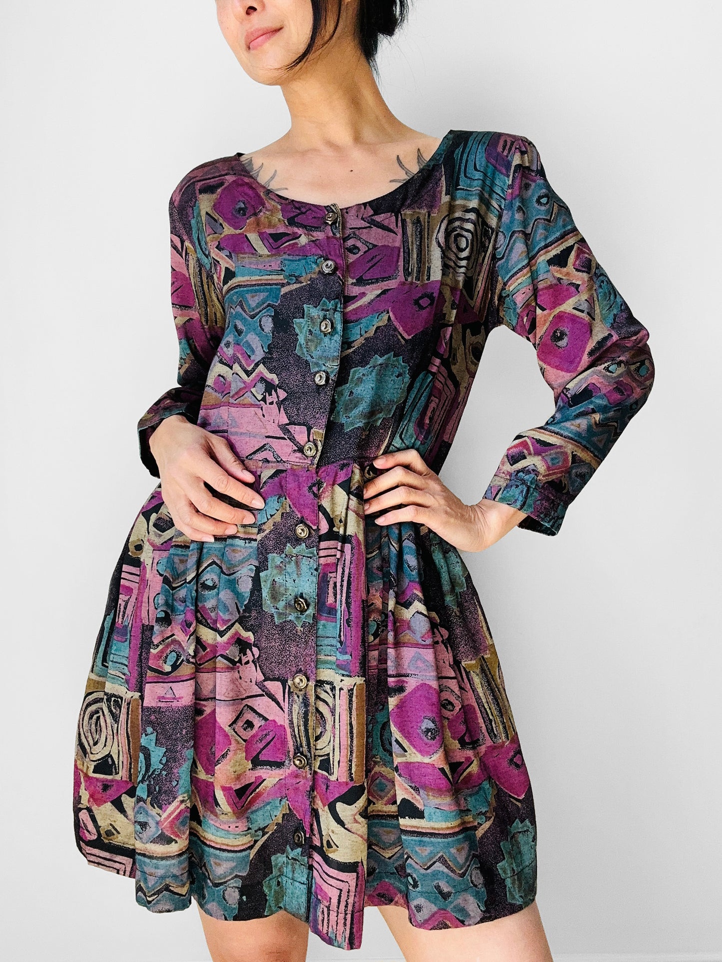 1980s Patterned Button Front Tunic Dress- Sz. Sm