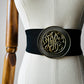 1980s - 1990s Wide Black Elastic Stretch Belt with Ornate Gold-Toned Scrollwork Buckle