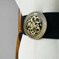 1980s - 1990s Wide Black Elastic Stretch Belt with Ornate Gold-Toned Scrollwork Buckle