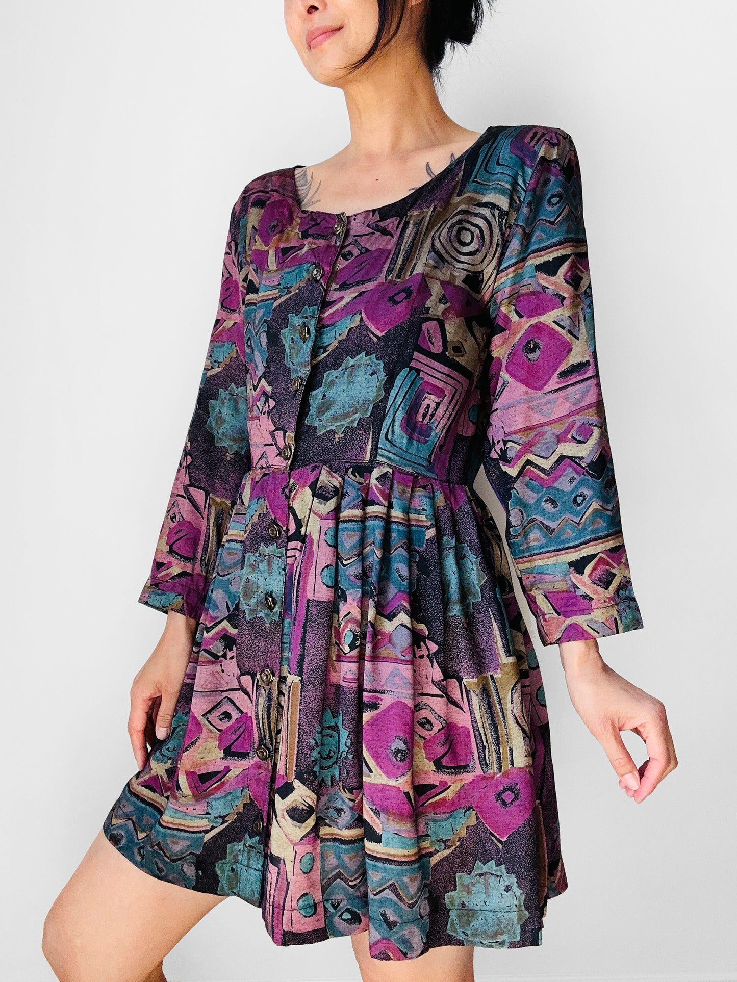 1980s Patterned Button Front Tunic Dress- Sz. Sm