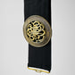 1980s - 1990s Wide Black Elastic Stretch Belt with Ornate Gold-Toned Scrollwork Buckle