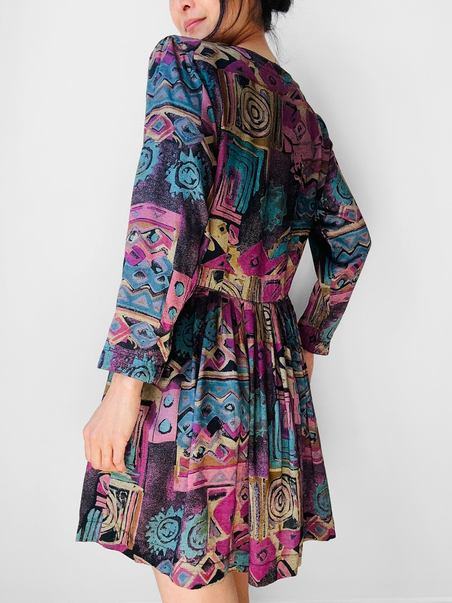 1980s Patterned Button Front Tunic Dress- Sz. Sm