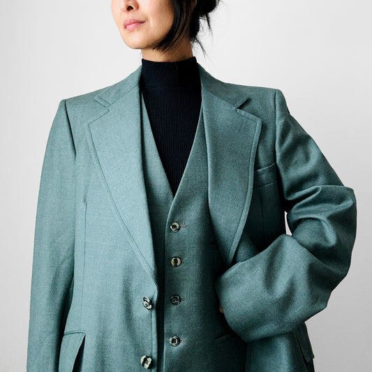 1970s-1980s Green Wool Button Front Vest and Jacket Suit Set - Sz. M/L