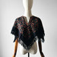 1960s Mid-Century Black Wool Kashmiri Floral Crewel Fringe Poncho Shawl