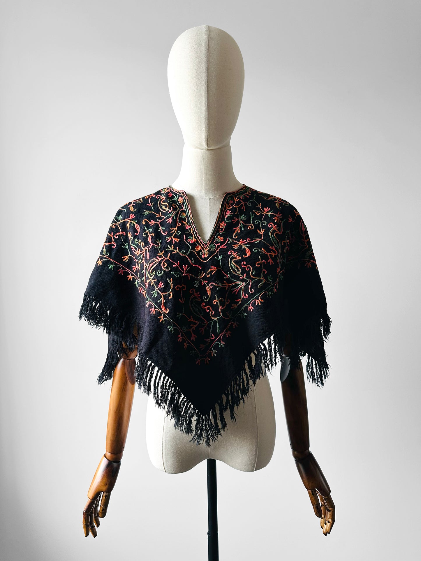 1960s Mid-Century Black Wool Kashmiri Floral Crewel Fringe Poncho Shawl