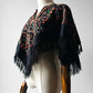 1960s Mid-Century Black Wool Kashmiri Floral Crewel Fringe Poncho Shawl