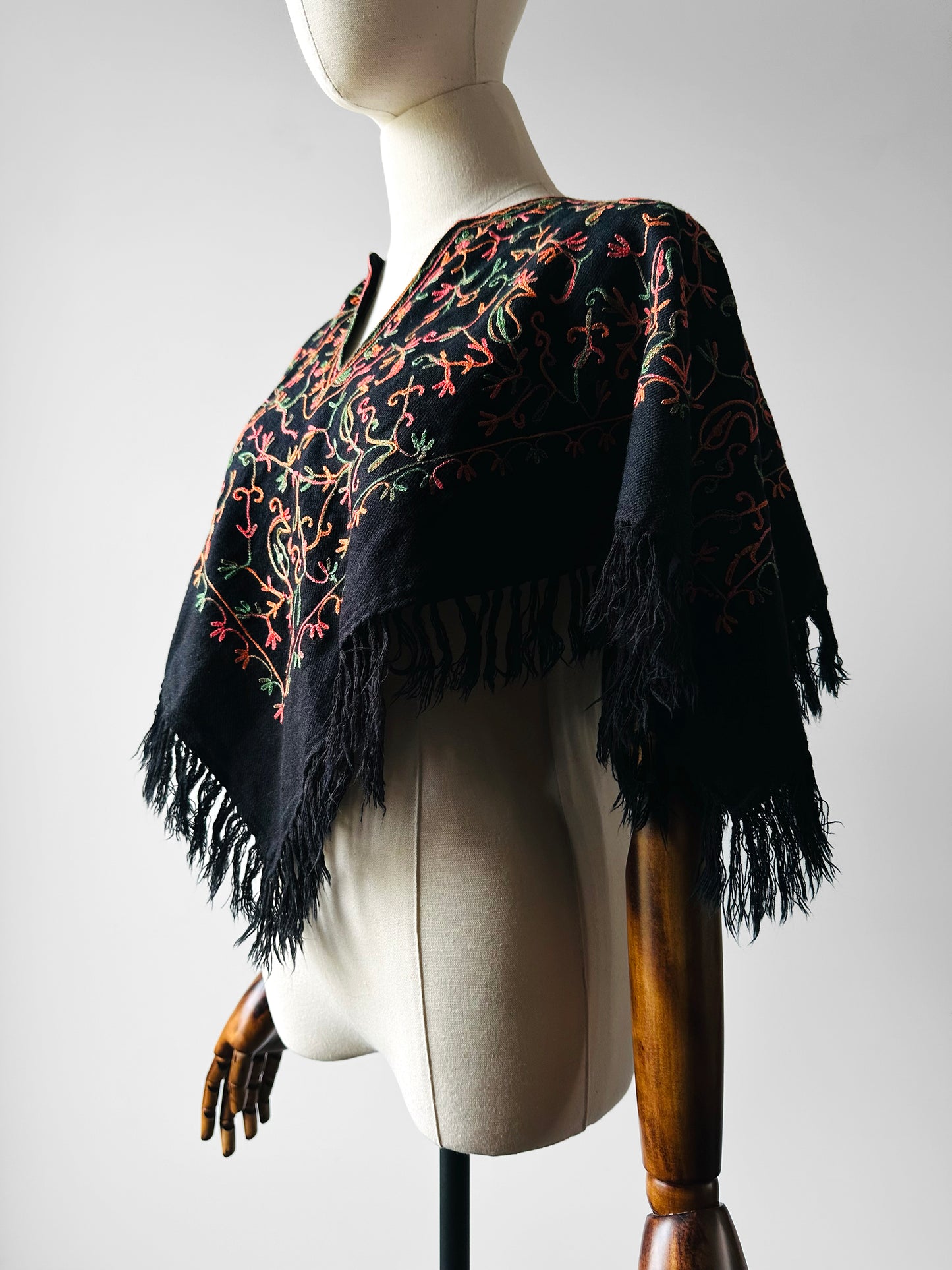 1960s Mid-Century Black Wool Kashmiri Floral Crewel Fringe Poncho Shawl