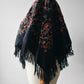 1960s Mid-Century Black Wool Kashmiri Floral Crewel Fringe Poncho Shawl
