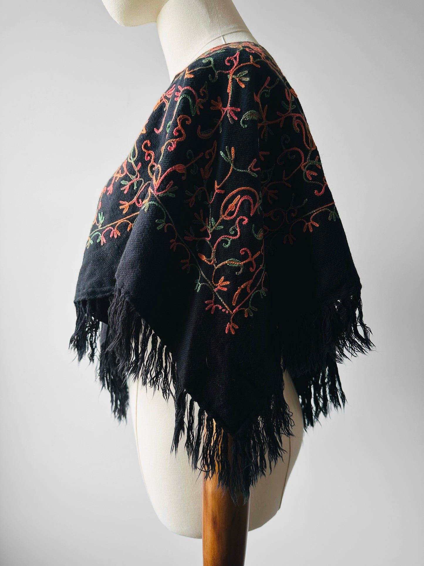 1960s Mid-Century Black Wool Kashmiri Floral Crewel Fringe Poncho Shawl