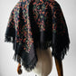 1960s Mid-Century Black Wool Kashmiri Floral Crewel Fringe Poncho Shawl