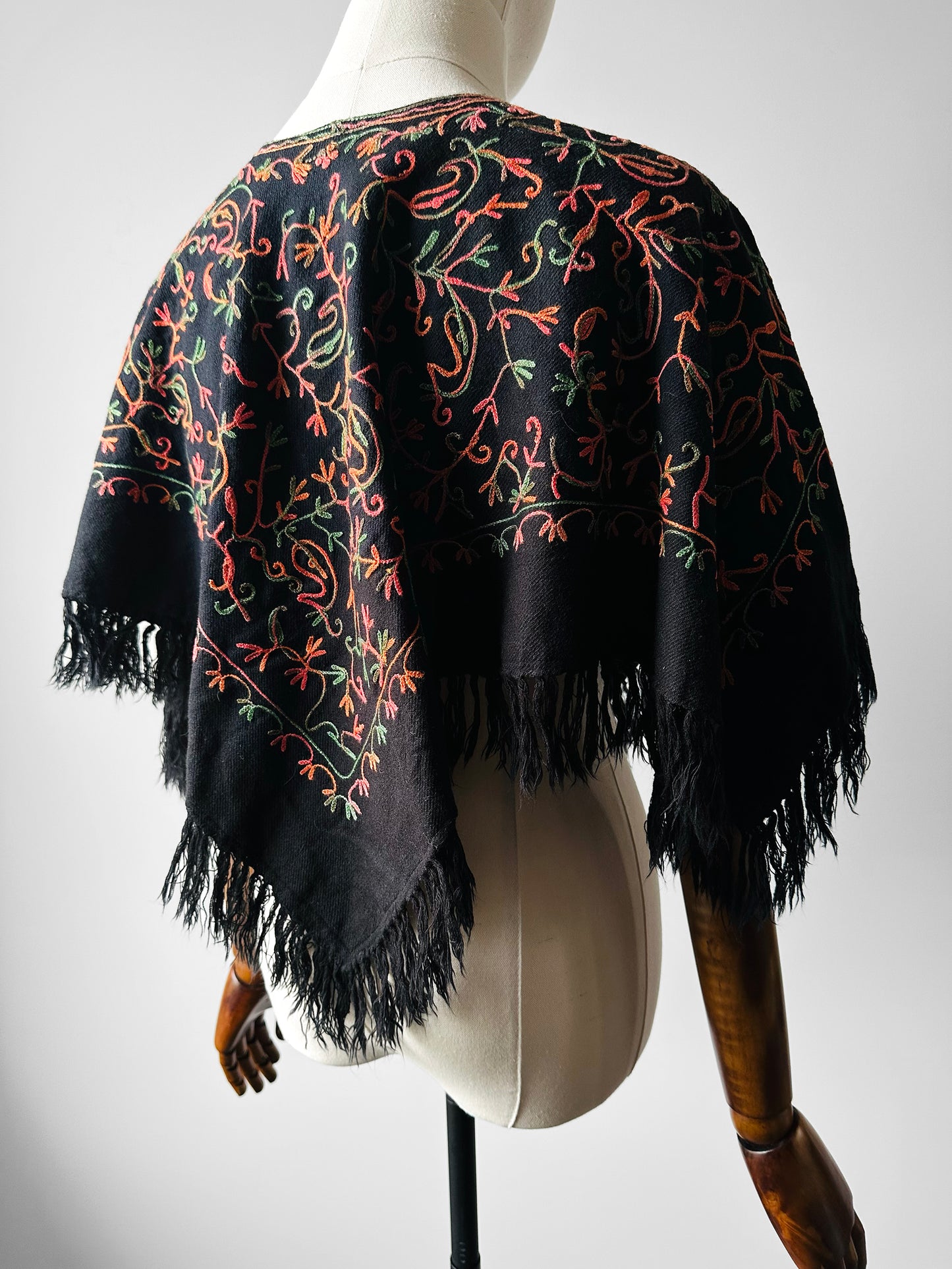 1960s Mid-Century Black Wool Kashmiri Floral Crewel Fringe Poncho Shawl