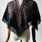 1960s Mid-Century Black Wool Kashmiri Floral Crewel Fringe Poncho Shawl