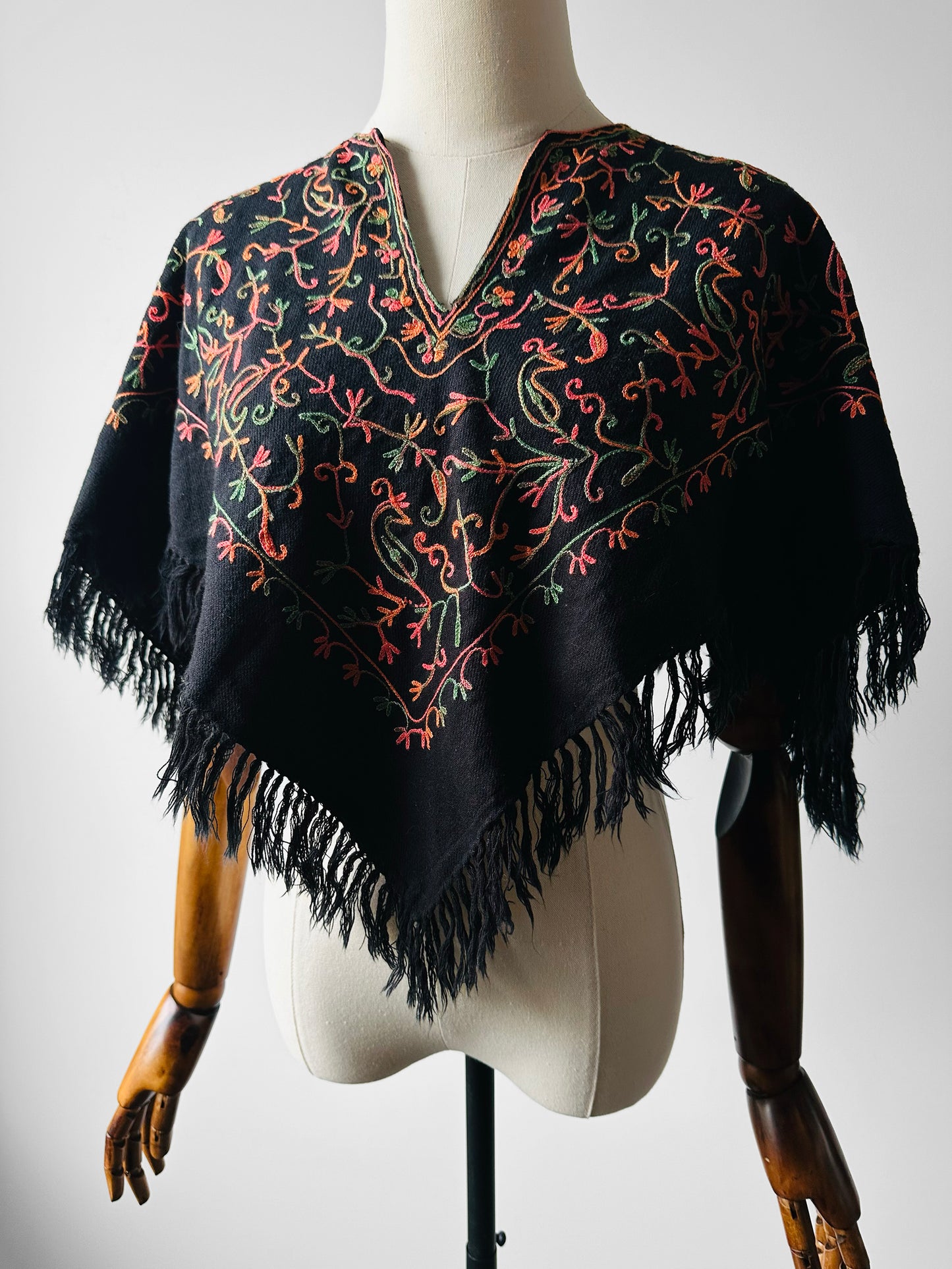 1960s Mid-Century Black Wool Kashmiri Floral Crewel Fringe Poncho Shawl