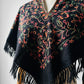 1960s Mid-Century Black Wool Kashmiri Floral Crewel Fringe Poncho Shawl