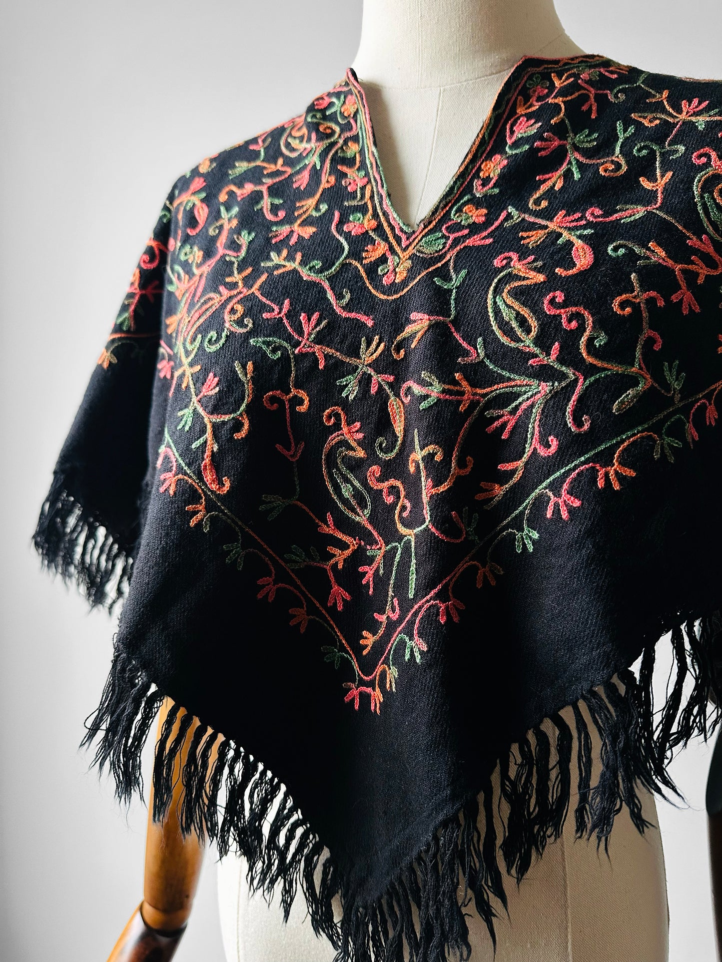 1960s Mid-Century Black Wool Kashmiri Floral Crewel Fringe Poncho Shawl
