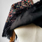 1960s Mid-Century Black Wool Kashmiri Floral Crewel Fringe Poncho Shawl
