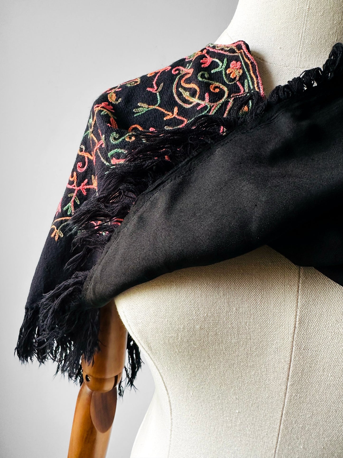 1960s Mid-Century Black Wool Kashmiri Floral Crewel Fringe Poncho Shawl