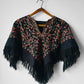 1960s Mid-Century Black Wool Kashmiri Floral Crewel Fringe Poncho Shawl