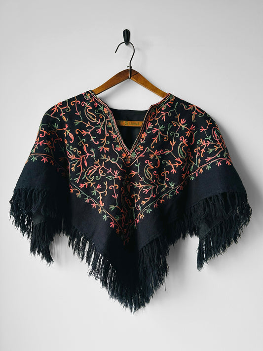 1960s Mid-Century Black Wool Kashmiri Floral Crewel Fringe Poncho Shawl