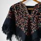 1960s Mid-Century Black Wool Kashmiri Floral Crewel Fringe Poncho Shawl